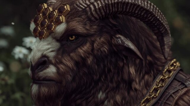 Majestic faun with golden honeycomb crown stares intently.