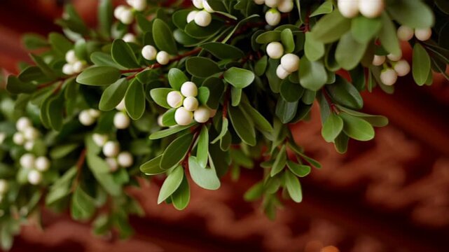 Lush mistletoe with white berries against a warm background.