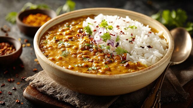 Creamy lentil dal served elegantly, beige ceramic bowl