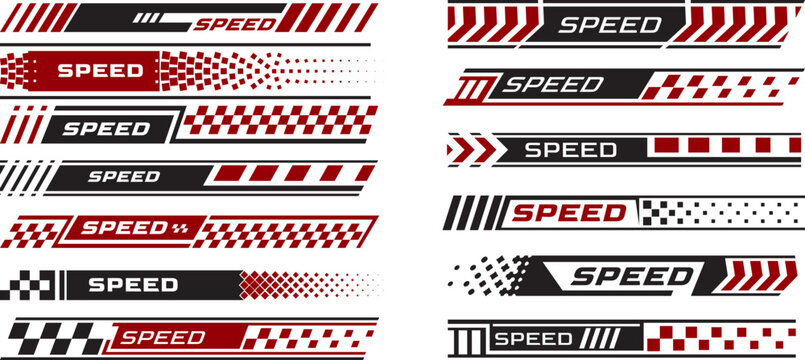 Racing stripes, strips arrows with Speed text, race flag, black, red and white checkers, flag sport car decal vector set
