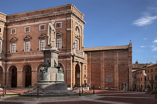 Recanati, Marche, Italy: monument of the great poet Giacomo Leopardi, erected in 1898 in the main square of the town