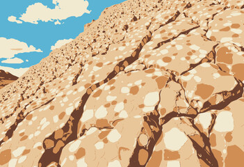 Vibrant Geological Formation with Interlocking Polygonal Patterns Under Clear Blue Sky and Fluffy White Clouds