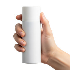 Hand holding white cylinder, isolated on transparent background
