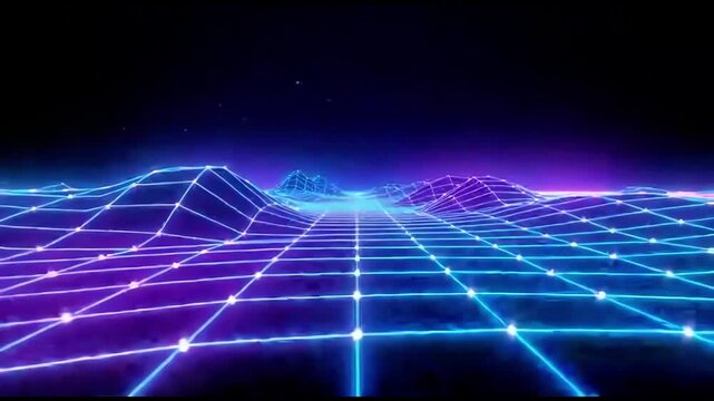 Futuristic digital landscape with glowing grid and vibrant neon colors, showcasing a continuous progression of geometric patterns and illuminated terrain