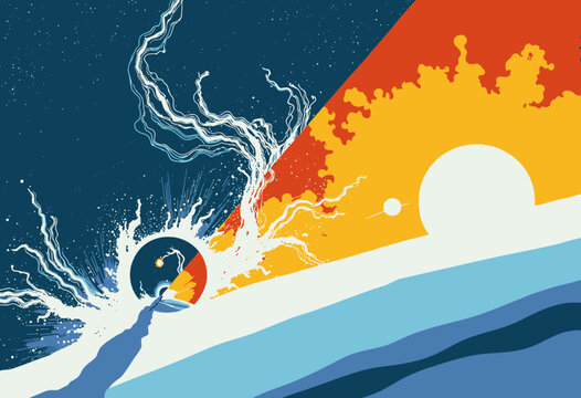 Surreal Cosmic Landscape with Vivid Contrasting Colors Showcasing Sun and Moon Amidst Abstract Patterns and Vast Celestial Elements