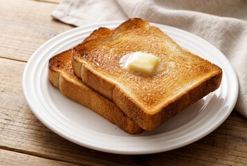 Toasted Bread with Melting Butter on White Plate - Golden Crispy Toast Slices Topped with Butter Pat on Rustic Wooden Table, Cozy Breakfast Concept in Soft Natural Light