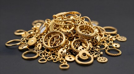 Elegant display of golden rings and pendants against a dark background