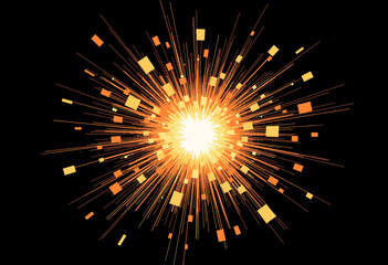 Vibrant Explosion of Orange and Yellow Light Rays with Radiating Geometric Shapes Against a Deep Black Background in a Dynamic Modern Art Design