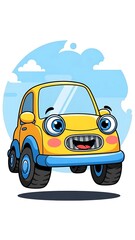 Smiling cartoon car with big eyes.