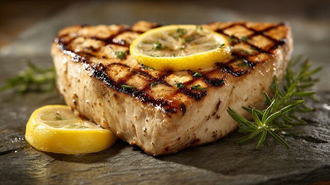 Grilled swordfish steak with lemon accent, light stone tabletop