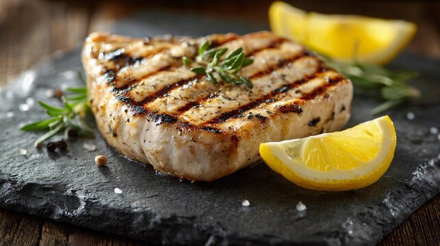 Grilled swordfish steak with lemon accent, light stone tabletop