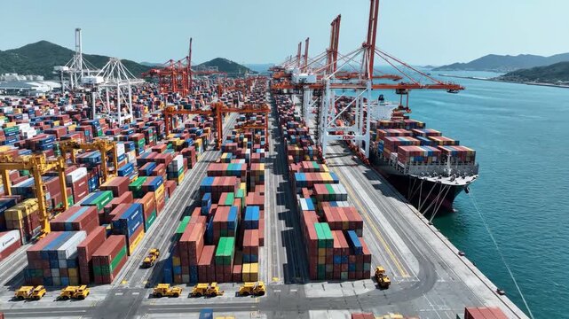 Cargo containers being loaded and organized at busy shipping port with cranes and trucks efficiently managing logistics and transport operations