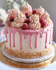 Pink Cake: An multi layered cake with a soft pink frosting cream and a cascade of dripping glaze