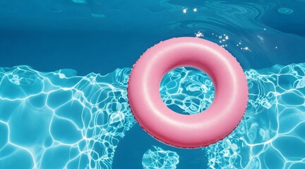 Pink inflatable ring floating in a clear, sparkling swimming pool
