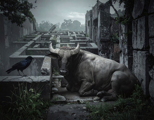Obraz premium Powerful bull resting in a haunting stone labyrinth under a foggy sky. This cinematic, mythical scene evokes the Minotaur legend, perfect for mystery, fantasy, and psychological themes.