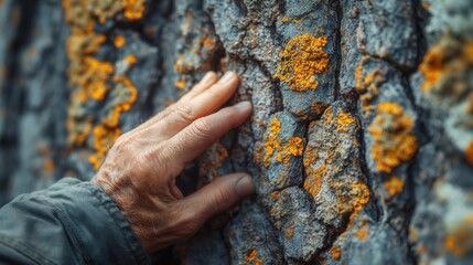 Close-up of hand touching tree bark with orange lichen texture outdoors