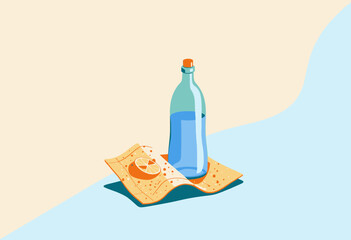 Illustration of a Refreshing Water Bottle with Citrus Slice on a Picnic Blanket by the Seashore on a Sunny Day