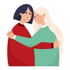 Fototapeta premium Best friends hugging flat vector illustration. Galentine's day flat illustration