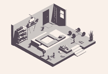 Isometric Home Gym with Multifunctional Fitness Area Including Weights, Ladder, and Exercise Mats Styled in Minimalist Design for Modern Living Spaces