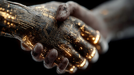 a digital handshake blending human and technology with glowing circuit board patterns futuristic style dark background concept of innovation ai generative