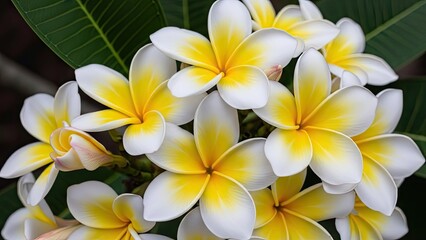 Vibrant white and yellow plumeria flowers in full bloom