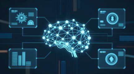Networked brain with dashboard graphics represents neural connections and processing data