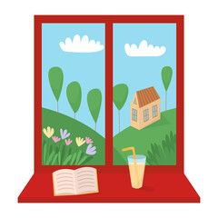 Window with summer landscape flat vector illustration. Summer flowers and fields view