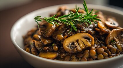 Fototapeta premium Mushroom and lentil stew served minimally