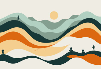 Tranquil Landscape Featuring Silhouetted Figures Amidst Serene Rolling Hills Underneath a Radiant Sun