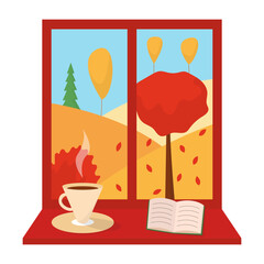 Window with autumn landscape flat vector illustration. Falling leaves and autumn fields view