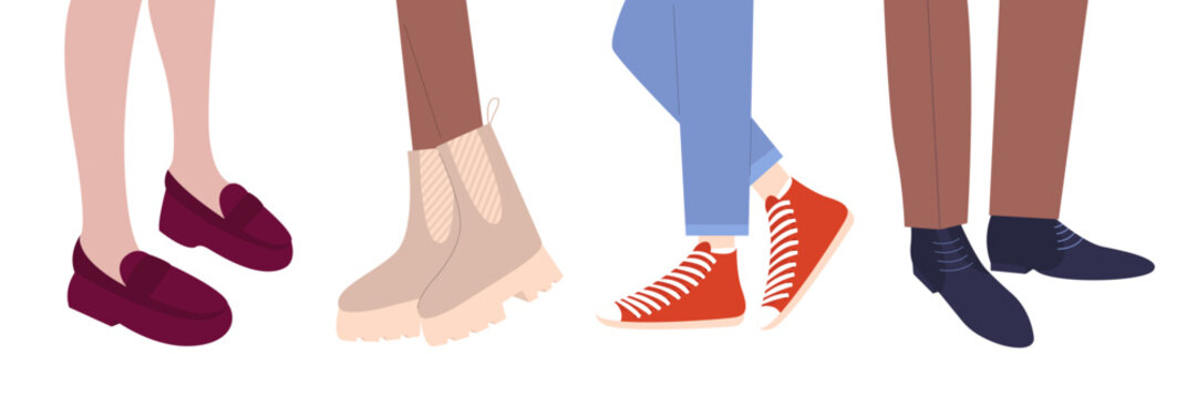 Legs in different kinds of shoes set. Sneakers, loafers, Chelsea boots, men's shoes