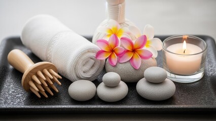 Serene spa setup with candles, towels, and massage stones