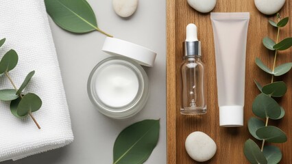 Natural skincare products with eucalyptus leaves on wooden tray
