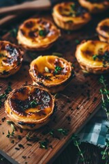 Portuguese Custard Egg Tarts : A close-up, top-down view of pastel de nata