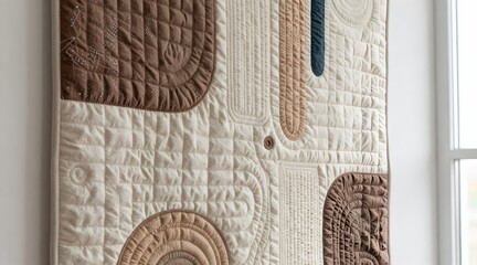 Close up of an abstract textured quilt hanging on a white wall near a window