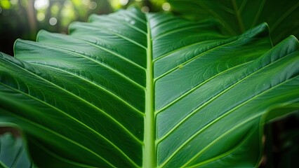 Large green leaf with vibrant foliage in natural setting