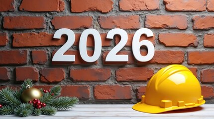 Yellow construction helmet placed beside festive decorations and the year 2026 on a rustic brick wall, symbolizing new beginnings and holiday spirit