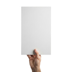 Hand holding blank paper isolated on transparent background