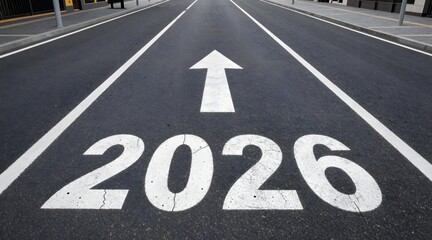 Arrow and year 2026 painted in white on an asphalt road point forward