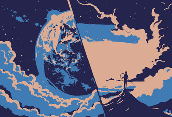 Dramatic Contrast Between Celestial Earth and Majestic Mountain Sunrise Above Clouds Horizon