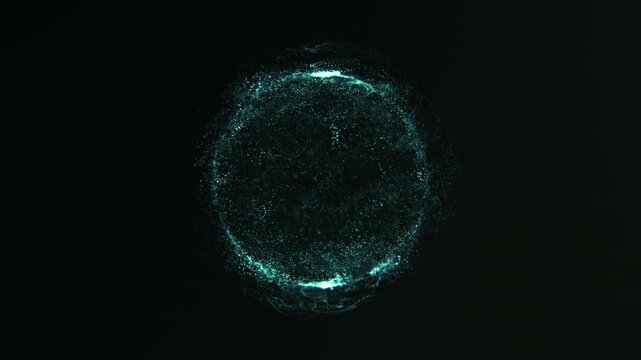 Glowing green particle sphere with dense luminous dots forming a deep digital volume on dark background, calm futuristic motion and sci fi atmosphere.Seamless loop. 4k 60fps