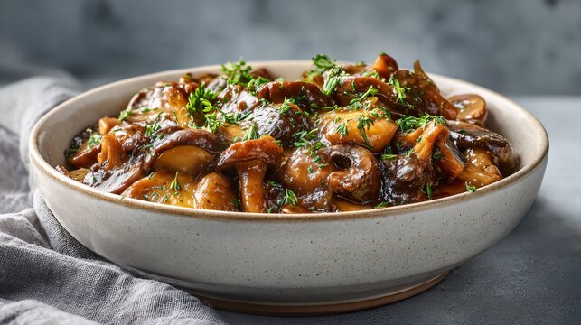 Mushroom stroganoff served in ceramic bowl, soft gray background