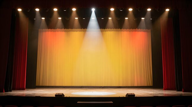 Bright spotlight illuminates the center of a stage with red side curtains and a yellow scrim