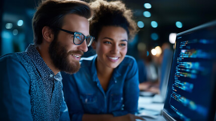 Diverse creative team using AI Assistant, artificial intelligence assistant display, AI-assisted screen marketing data, analyst meeting office visualization, coding team development