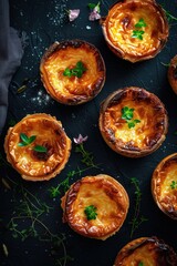 Portuguese Custard Egg Tarts : A close-up, top-down view of pastel de nata