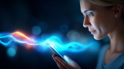 Woman uses smartphone voice assistant, digital sound wave visual display, technology audio communication advancements, voice recognition visualization, smart device interaction concept,