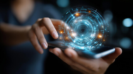 Futuristic concept AI assistant displayed, smartphone screen holographic interface, glowing digital elements visualization, modern tech background, virtual helper representation, advanced