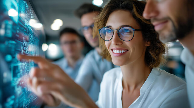 Diverse creative team using AI Assistant, artificial intelligence assistant display, AI-assisted screen marketing data, analyst meeting office visualization, coding team development - Powered by Adobe