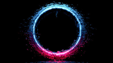 Glitched neon circle with distortion on black