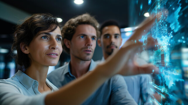 Diverse creative team using AI Assistant, artificial intelligence assistant display, AI-assisted screen marketing data, analyst meeting office visualization, coding team development - Powered by Adobe